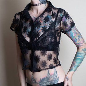 90s black sheer daisy button up crop top blouse